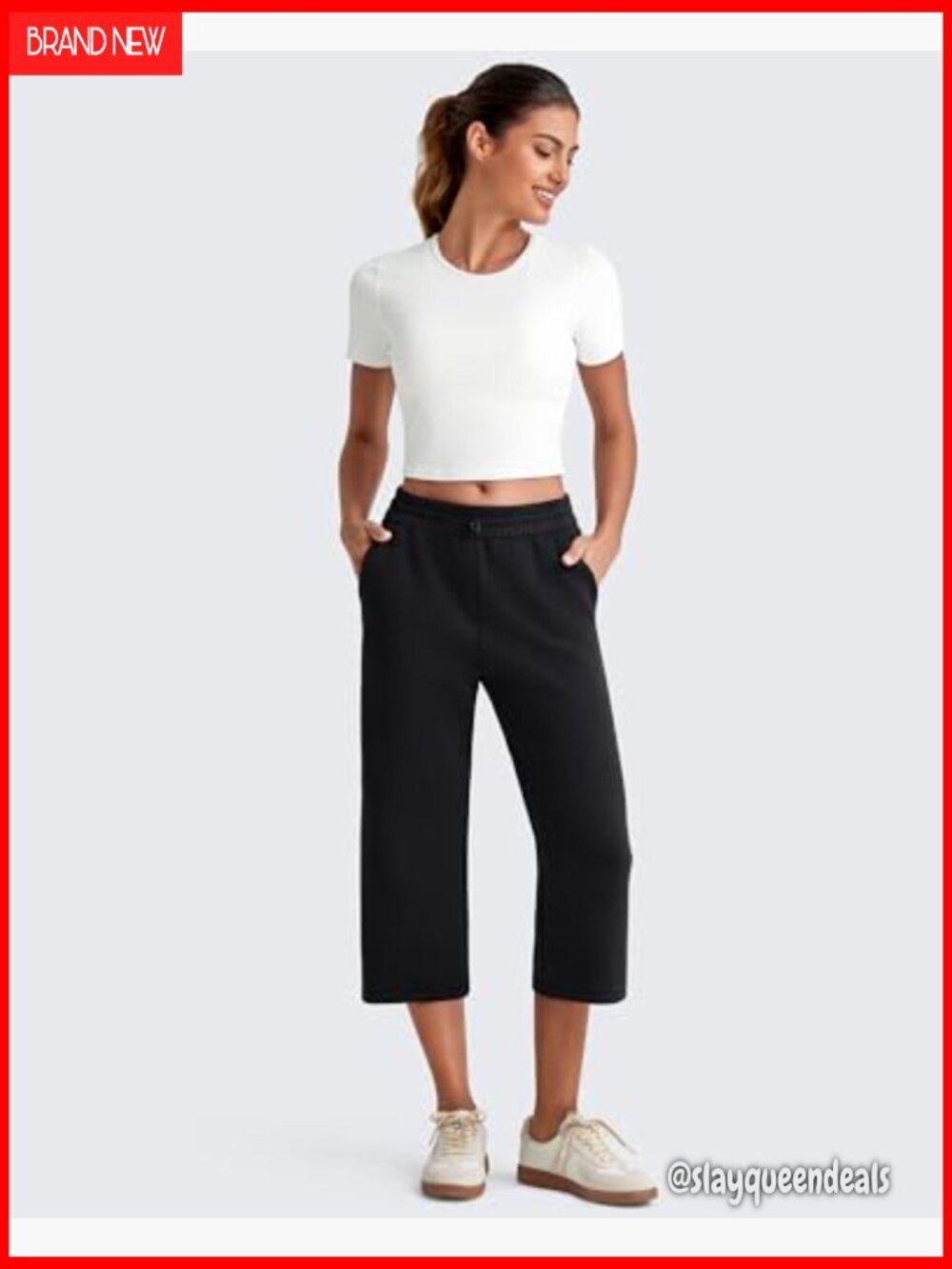 Wide Leg Capri Pants with Pockets High Waist Adjustable Shockcord Summer Travel - Picture 5 of 6